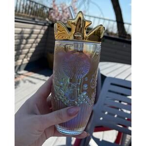 Starbucks Iridescent Valentine's 2021 Princess Queen Gold Crown Glass